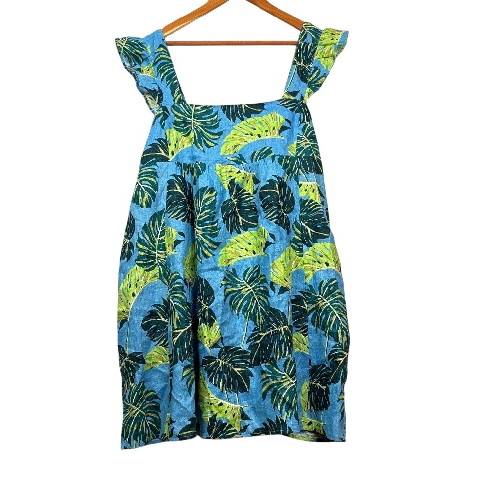 Draper James  Women Linen MiniDress Blue‎ Monstera XXL Babydoll Square Neck Y2K